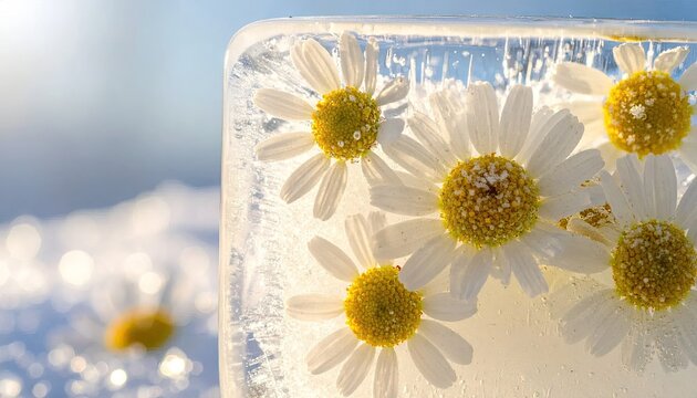 White daisy flowers frozen in ice block.