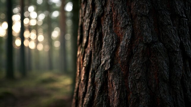 Close-up of a textured pine tree bark in a sunlit forest. Perfect for nature conservation and environmental background.