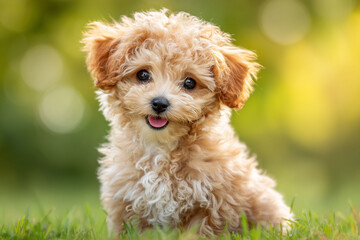 緑の芝生でおすわりするかわいいポメラニアンの子犬