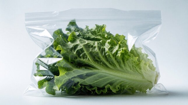 Fresh green lettuce leaves inside clear plastic bag isolated on white background. Raw organic vegetable for healthy salad diet cooking. Transparent zip storage container kepic produce crisp for