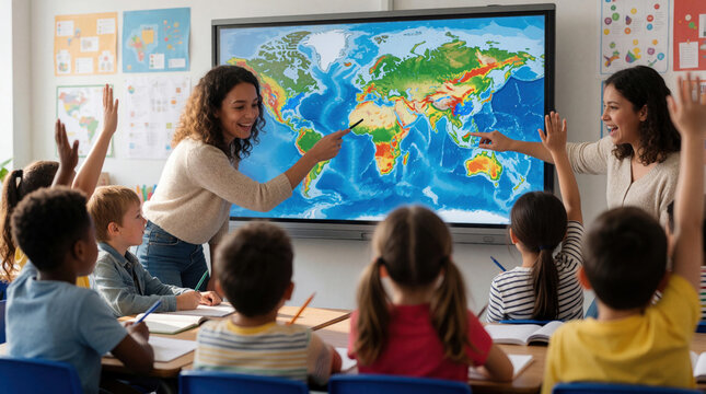 Teacher leads geography lesson using interactive world map display. Diverse students raise hands eager to participate in modern classroom learning. Young children absorb global knowledge on smart