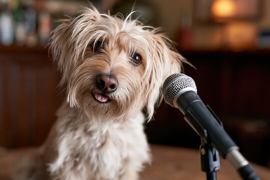 Dog shows talent on stage during open mic night at local bar in cozy setting