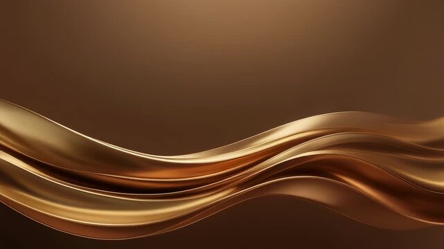 Abstract golden and bronze wave-like flowing metallic ribbons on brown background