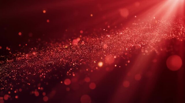 Abstract red glitter particles with bokeh and light rays effect