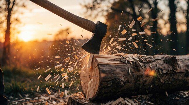 Sharp axe hits large log at sunset. Wood chips fly in air during outdoor work. Golden sunlight shines through forest trees. Heavy timber splits under steel blade. Rural lumberjack task in autumn