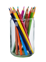 Isolated vibrant colorful art supplies group of sharpened pencils in a clear glass jar © Aoife
