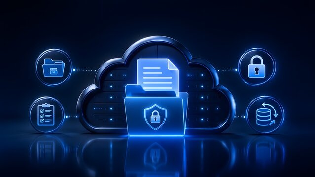 Cybersecurity and glowing cloud computing concept with a locked digital folder protecting sensitive data in a server room