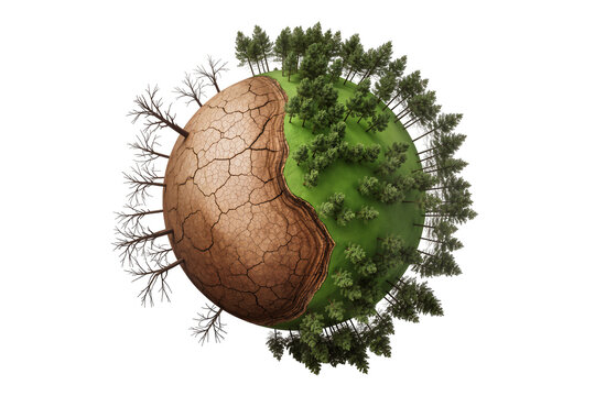 Isolated planet showing lush green forest and dry cracked land environmental contrast