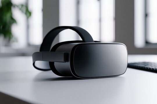 Modern VR headset placed on a clean white desk beside a keyboard in a tech workspace
