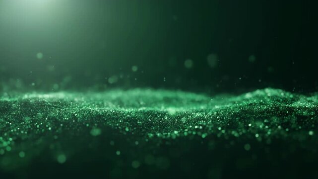 Abstract green glittering particles with bokeh effect and soft lighting