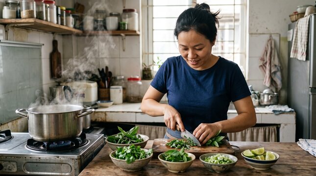 An adult home cook prepares Thai basil, cilantro, mint, scallions and lime in a modest urban kitchen. The documentary scene shows authentic everyday food preparation without tourist staging.