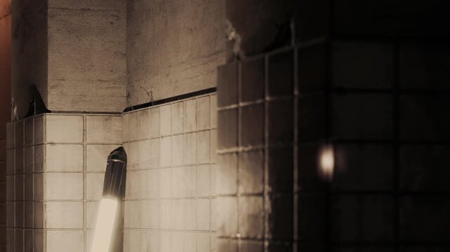 The scene shows a close view of wall tiles in an urban space. A light source highlights the texture and pattern of the tiles. The setting appears to be an indoor area with a basic design.