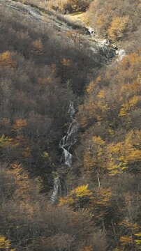 Mountain waterfall flowing down a rocky slope through a dense forest with colorful autumn foliage in shades of orange and brown.