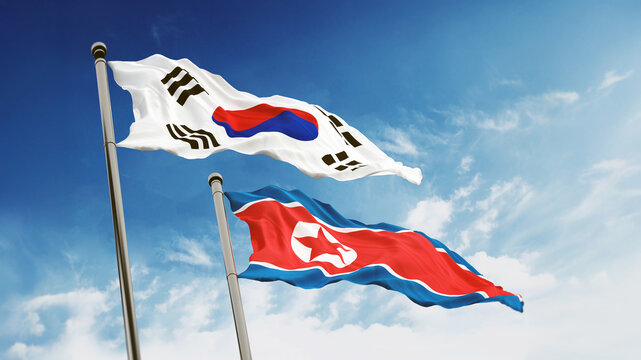 South and North Korea flags against blue sky background. 3D illustration