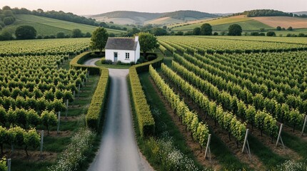 Obraz premium Small white house stands in middle of green vineyard. Paved road leads to cottage surrounded by grape rows. Rolling hills extend in distance under summer sun. Rural landscape provides calm atmosphere