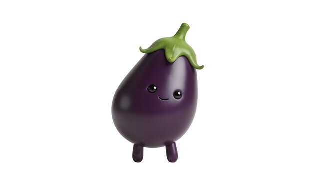 Isolated adorable cartoon eggplant character with a cheerful smile and tiny feet design