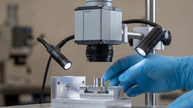 Microscope Inspection of Precision Metal Part in Laboratory
