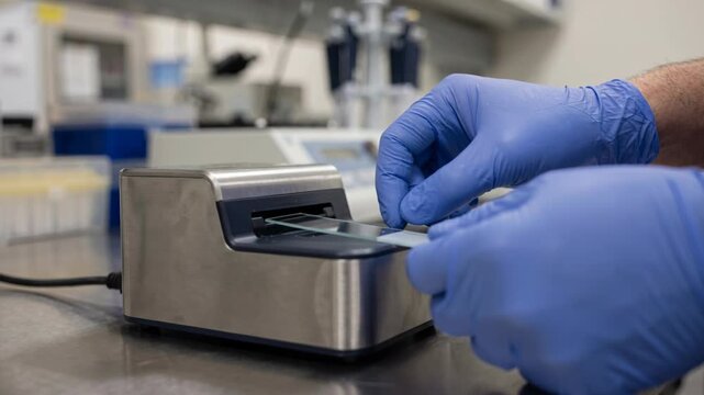 Laboratory Sample Analysis with Gloved Technician Using Bench Top Instrument