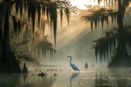 White egret stands in calm swamp water during sunrise. Great bird wades through misty Louisiana bayou with tall cypress trees, hanging spanish moss. Gold sunlight rays shine over tranquil wetland