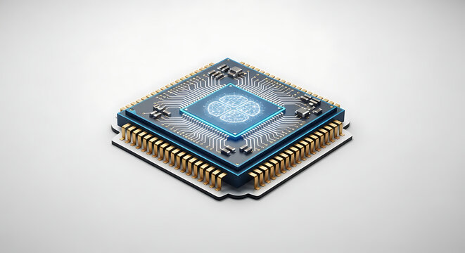 Closeup detailed view of modern electronic processor chip with intricate circuit design