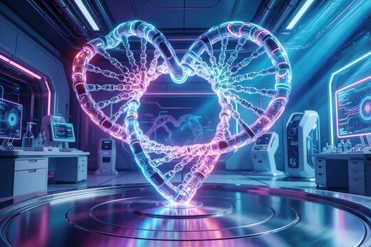 Futuristic glowing heart shaped DNA helix structure inside advanced science laboratory. Digital art displays complex genetic information with neon lights. Future bio tech research.