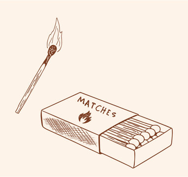 Minimalist hand-drawn line art vector illustration of a burning lit match and an open matchbox filled with matches on a warm cream background, ideal for creative projects.