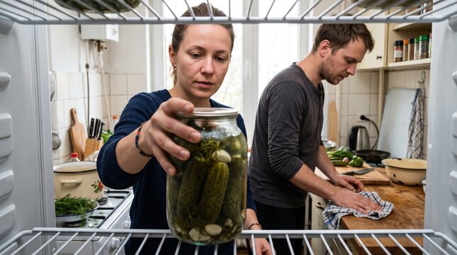 Two adults prepare and store homemade cucumber preserves in a compact Eastern European apartment kitchen. The refrigerator perspective highlights seasonal food preservation and sustainable habits.