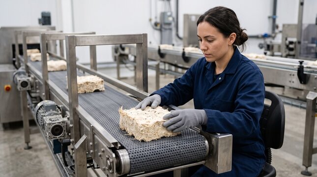 A production worker inspects molded packaging made from mushroom mycelium on a small manufacturing line. The porous organic material represents sustainable packaging innovation and an alternative to p