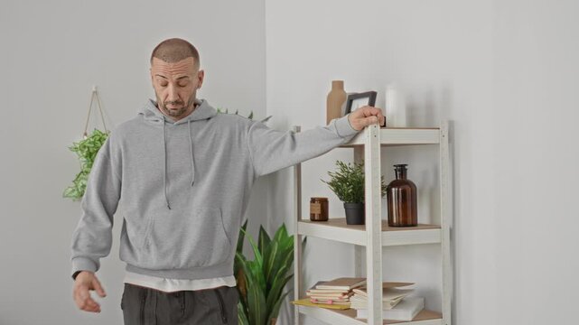 Man in gray hoodie leans on shelving unit, holds frame edge and rubs eyes in building; fatigue frustration reflection.