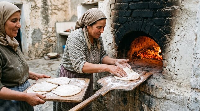 An adult baker places handmade flatbreads into a shared masonry oven in a North African residential neighborhood. The documentary scene shows cooperative food production and authentic everyday baking.
