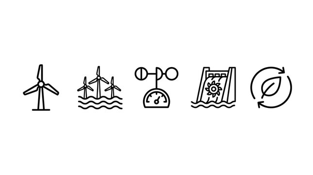 Sustainable energy line icons showing wind turbines, water power, measurement gauges and organic leaf cycles for modern graphic design projects