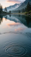 Obraz premium Calm mountain lake reflects soft sky colors and mist shrouded peaks. Gentle ripples spread across smooth water surface. Serene landscape at dawn or dusk offers peaceful atmosphere.