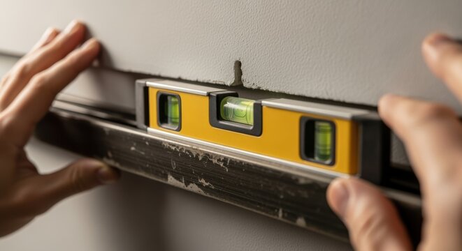 Focus on the gap between barndoor track and wall as installer uses a spirit level to doublecheck horizontal placement before final tightening.