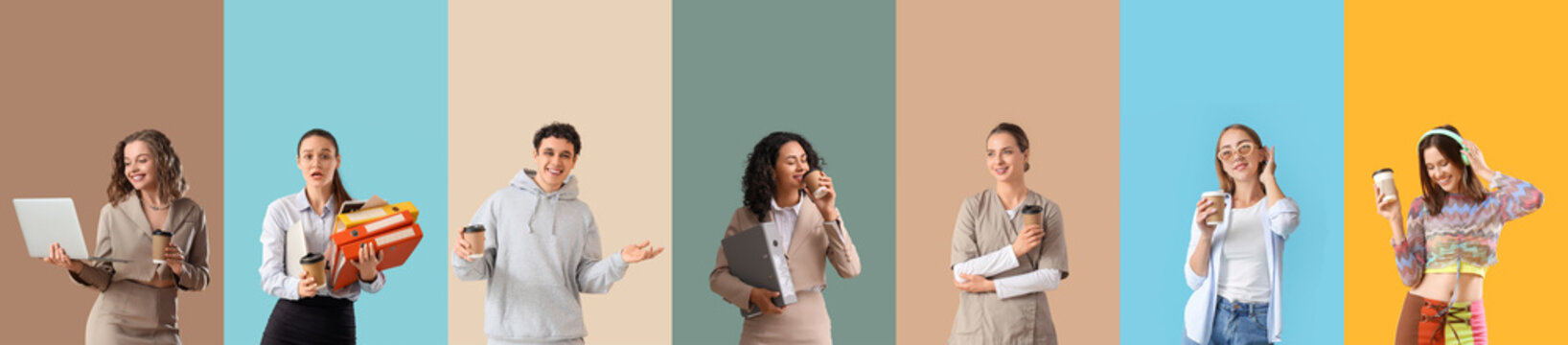 Diverse group of young people with various occupations and lifestyles holding coffee cups on colorful backgrounds, Individuals include a businesswoman with a laptop, a student with folders