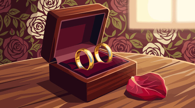 Elegant matching gold wedding rings displayed inside luxurious wooden ring box, placed on refined wooden table, romantic celebration, realistic vector illustration, premium background.