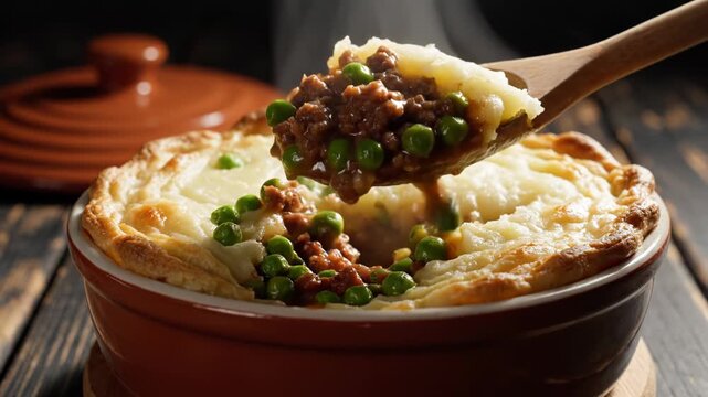 Homemade shepherds pie or cottage pie, savory comfort food casserole with minced meat, green peas, gravy and mashed potatoes, steaming hot meal, rustic culinary gastronomy photography