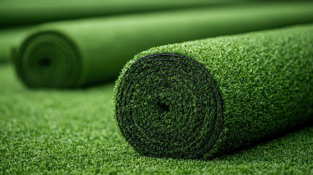 Artificial turf rolls lay on a lush green lawn. Perfect for landscaping, sports facilities, and garden design projects.