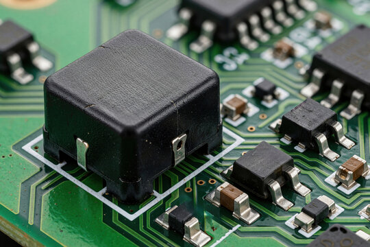 Macro view of piezoelectric buzzer component on green circuit board with SMD resistors and chips. Electronic device assembly and technology.