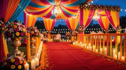 Fototapeta premium Indian wedding setup outdoors with vibrant colourful fabric drapes, bright flowers. Red carpet aisle features glowing candles in glass lanterns plus golden vases. Stage area fairy lights, crystal
