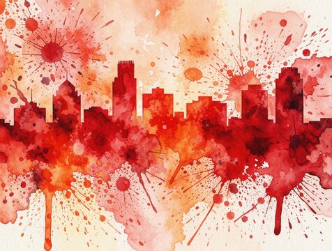 Abstract watercolor illustration of Lewiston Maine city skyline. Red ink splashes, artistic paint drips form urban architecture silhouette on white background. Modern creative graphic design of town