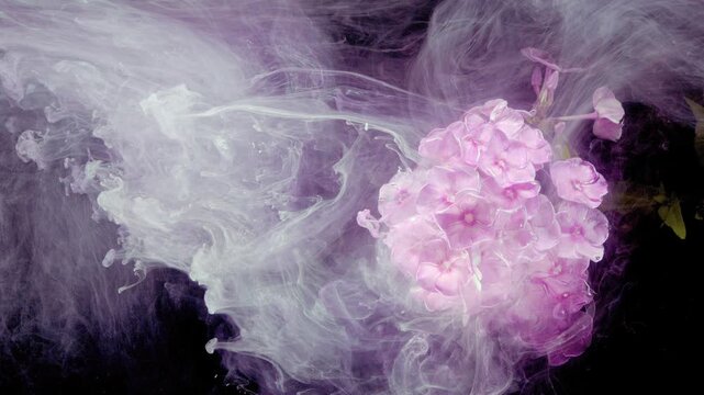 Close-up pink hydrangea cluster near right side as milky white and pale lavender plumes sweep leftward and downward, forming layered folds and wisps across dark space