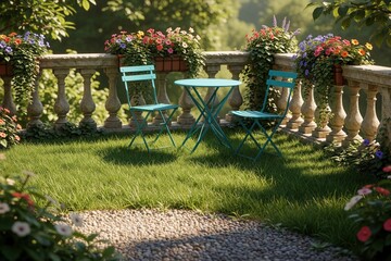 Obraz premium Turquoise metal bistro set sits on rich green grass terrace with ornate balustrade and potted flowers. A tranquil outdoor seating area in a garden setting for peaceful relaxation.