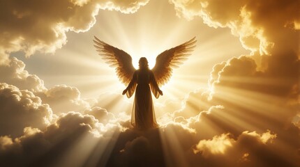 Obraz premium Golden light silhouette of angel with large wings stands amidst bright fluffy clouds. Divine figure appears in warm sky rays. Ethereal spirit personifies heaven peace, hope. Religious memorial