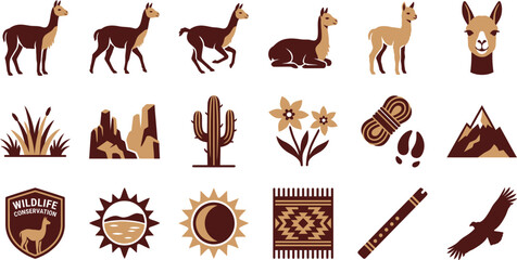Obraz premium Vicuna animal icon set. Andean wildlife vector collection with mountain and nature elements.