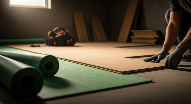 footage of cork floating floor installation in basement showing stepbystep placement from underlay to finished surface.