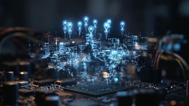 Abstract futuristic navigation interface with luminous blue location pins hovering over a black circuit board landscape. Concept of GPS tracking, digital mapping, smart mobility, and advanced communic