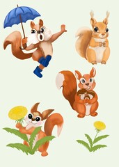 Fototapeta premium Set of stickers featuring a squirrel against a background