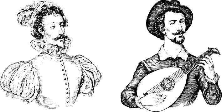 Renaissance musician portrait set with lute and period costume for historical design and poster artwork