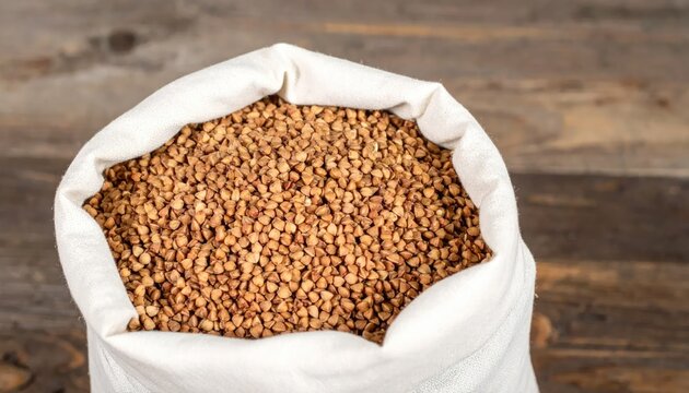 White sack filled with raw buckwheat groats on wood.