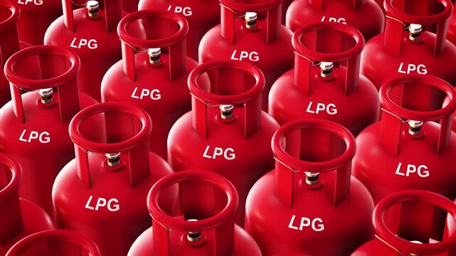 Red LPG Gas Cylinders in Rows with Horizontal Pan shot